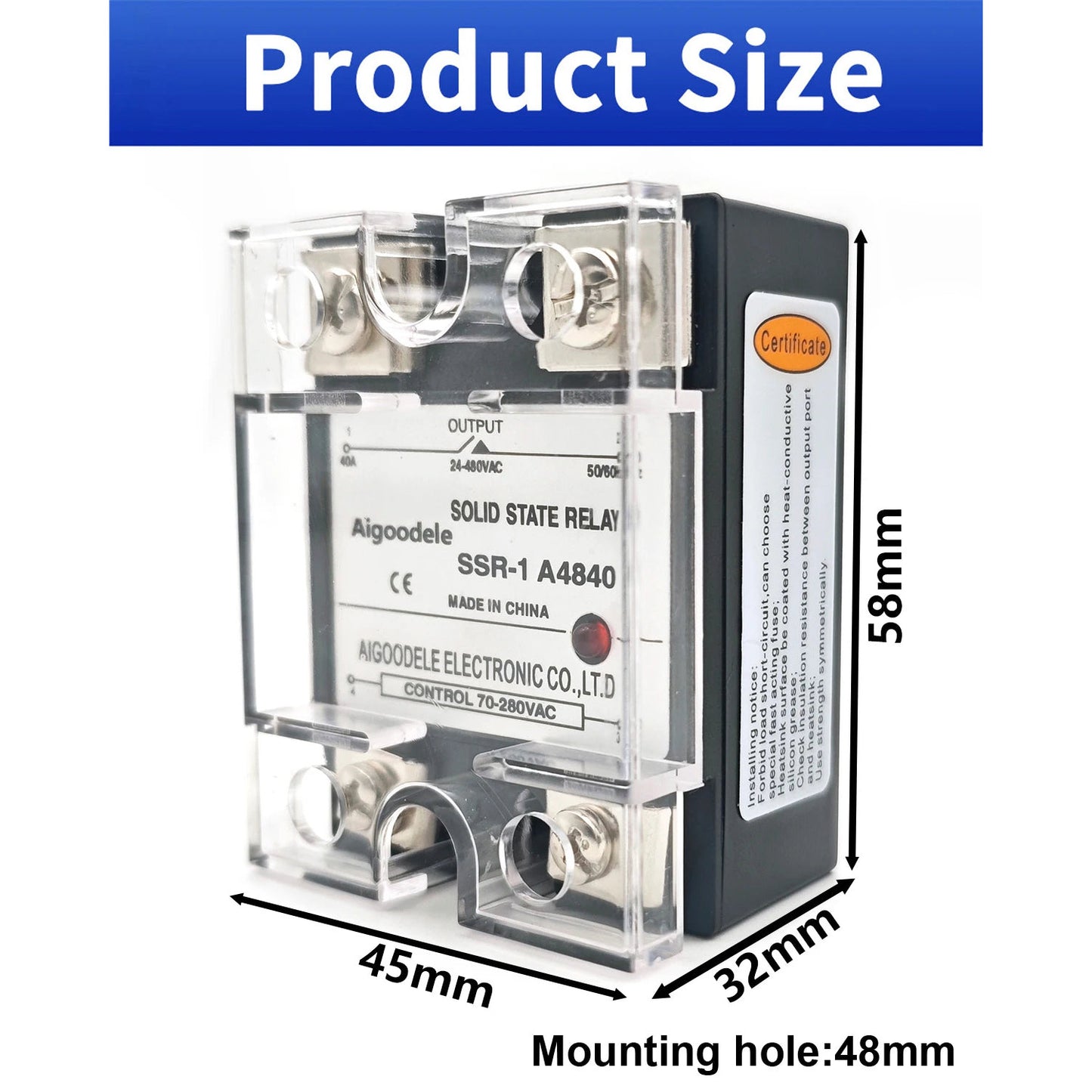 AC-AC SSR 10A 1-Phase Solid State Relay, Input AC 70-280V, Output AC 24-480V