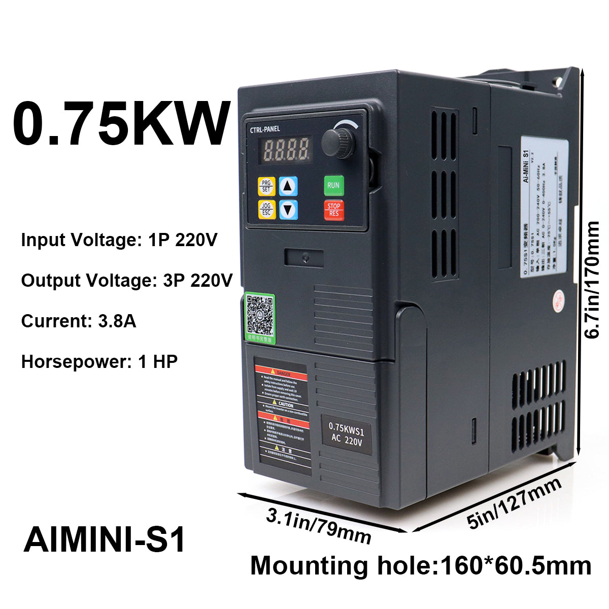 0.75kW VFD Inverter Speed Controller 3.8A 1HP, Input 220V 1-phase, Output 220V 3-phase