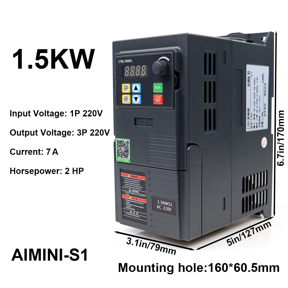 1.5kW VFD Inverter Speed Controller 7A 2HP, Input 220V 1-phase, Output 220V 3-phase