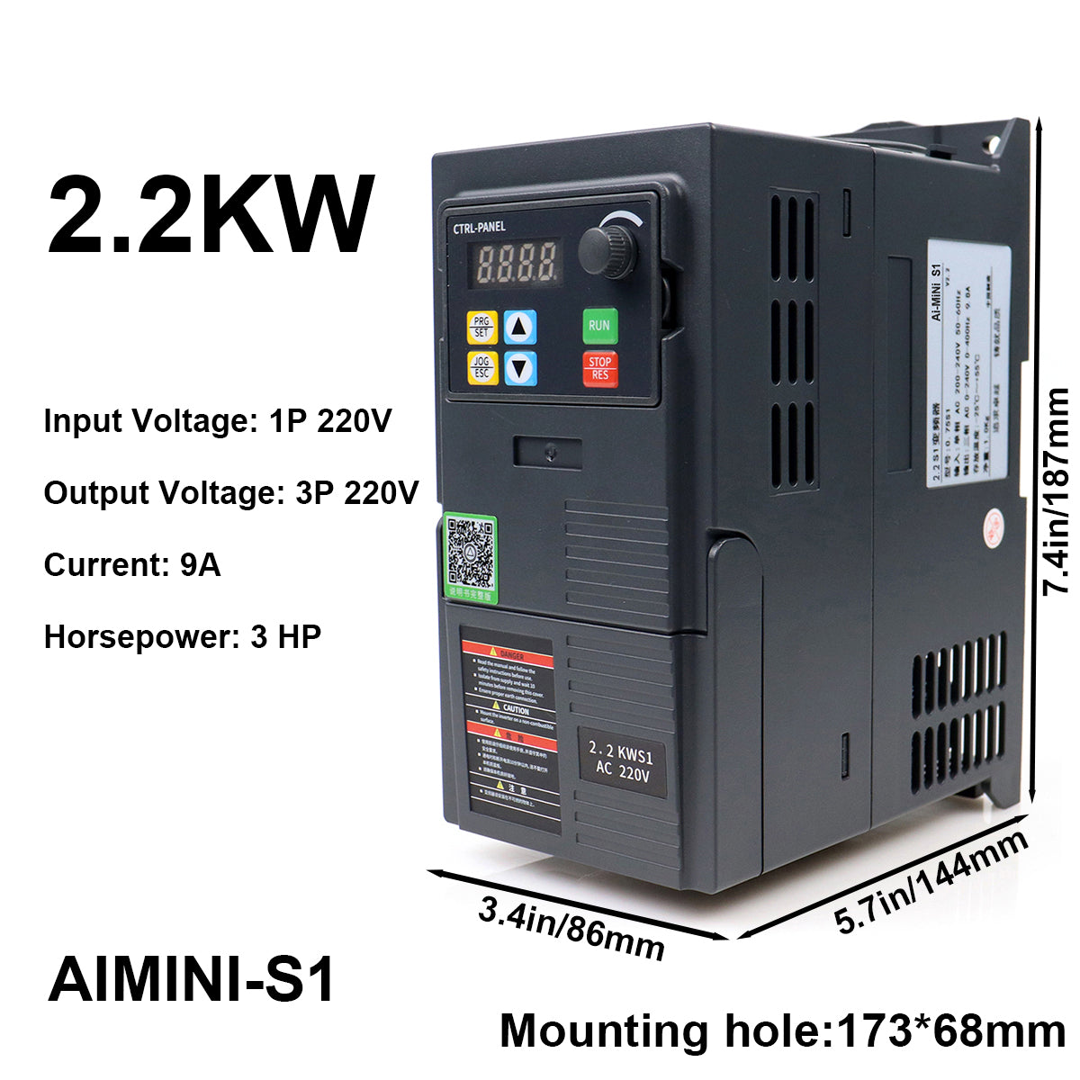 2.2kW VFD Inverter Speed Controller 9A 3HP, Input 220V 1-phase, Output 220V 3-phase