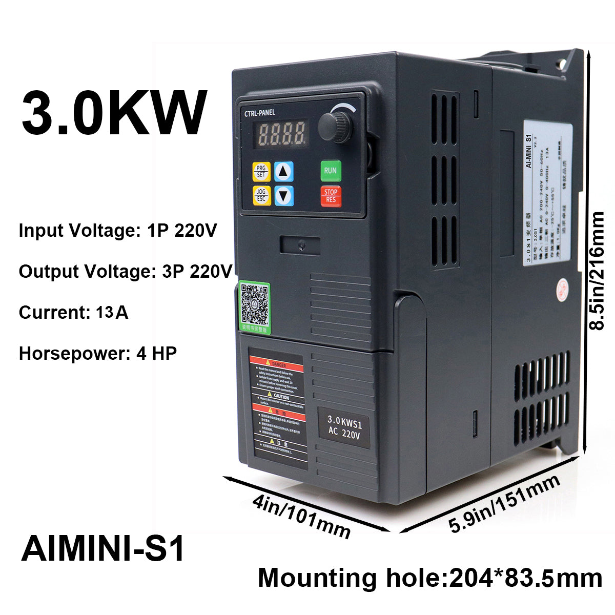 3kW VFD Inverter Speed Controller 13A 4HP, Input 220V 1-phase, Output 220V 3-phase