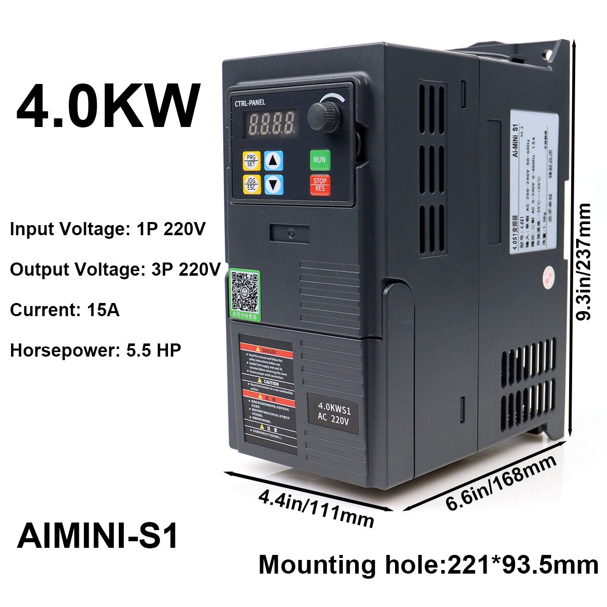 4kW VFD Inverter Speed Controller 15A 5.5HP, Input 220V 1-phase, Output 220V 3-phase