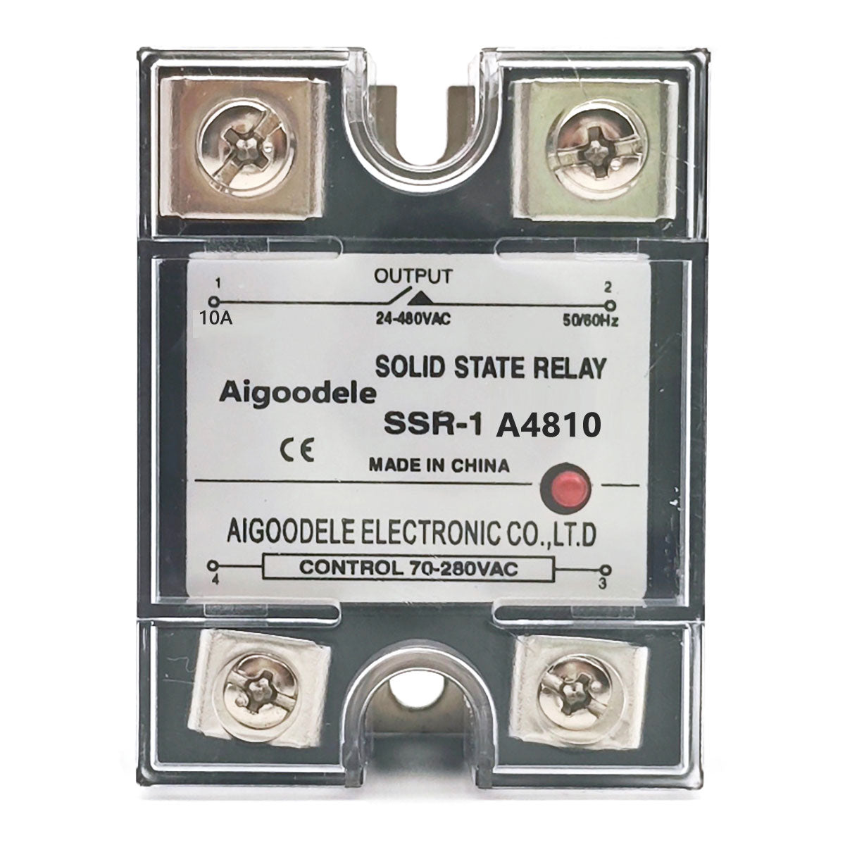 AC-AC SSR 10A 1-Phase Solid State Relay, Input AC 70-280V, Output AC 24-480V