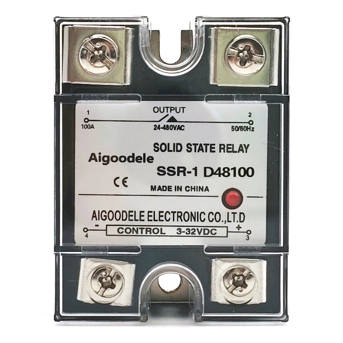 DC-AC SSR 100A 1-Phase Solid State Relay, Input DC 3-32V, Output AC 24-480V