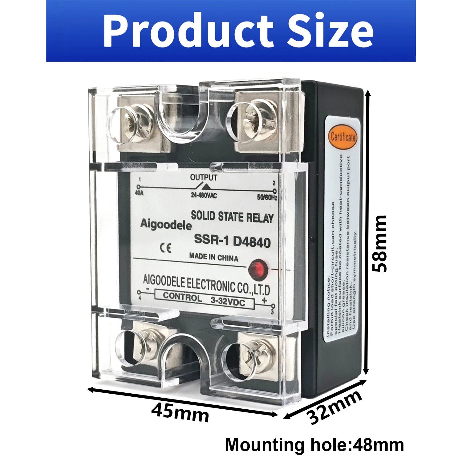 DC-AC SSR 10A 1-Phase Solid State Relay, Input DC 3-32V, Output AC 24-480V