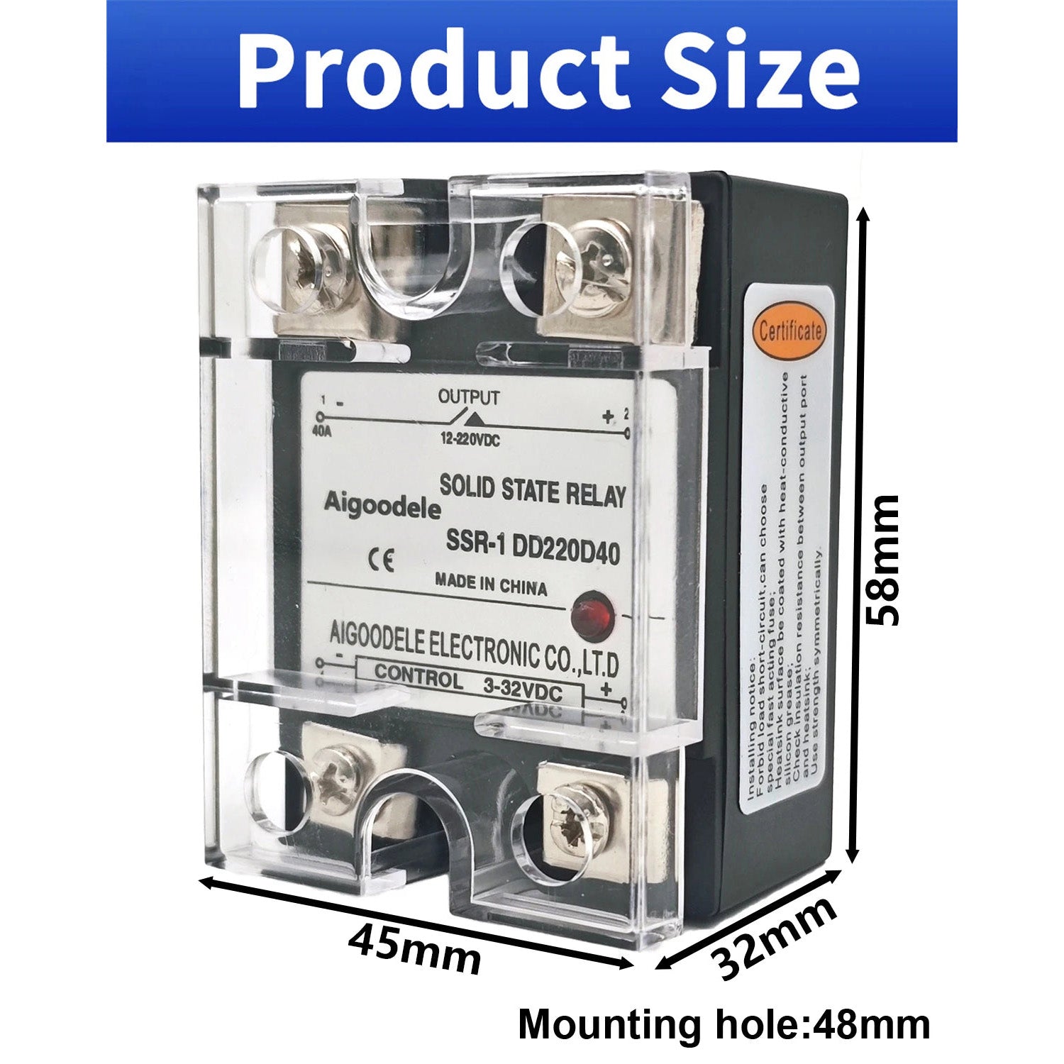 DC-DC SSR 40A 1-Phase Solid State Relay, Input DC 3-32V, Output DC 12-220V