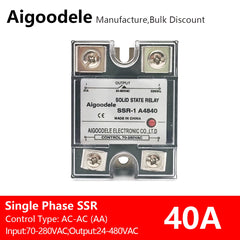 AC-AC SSR 40A 1-Phase Solid State Relay, Input AC 70-280V, Output AC 24-480V