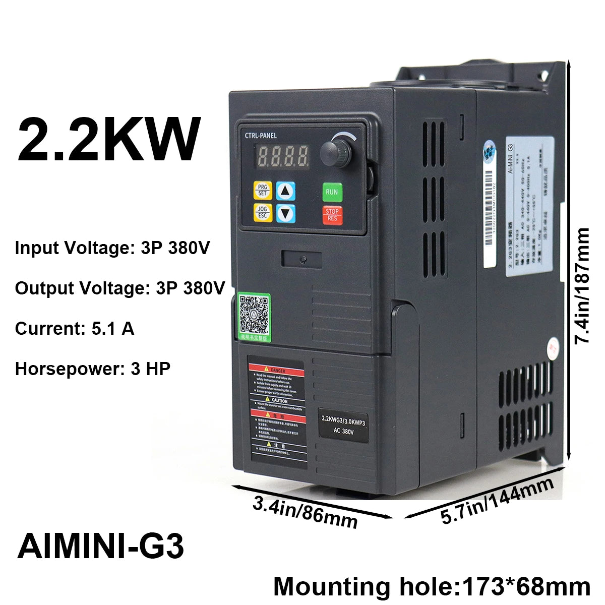 2.2kW VFD Variable Frequency Drive 5.1A 3HP, Input 380V 3-phase, Output 380V 3-phase