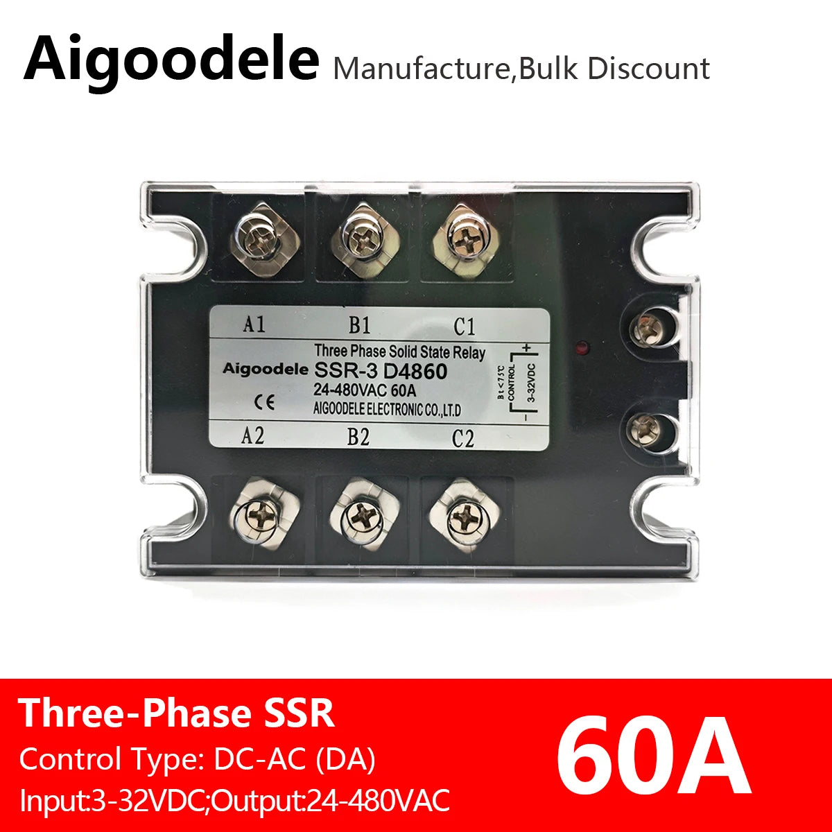 DC-AC SSR 60A 3-Phase Solid State Relay, Input DC 3-32V, Output AC 24-480V