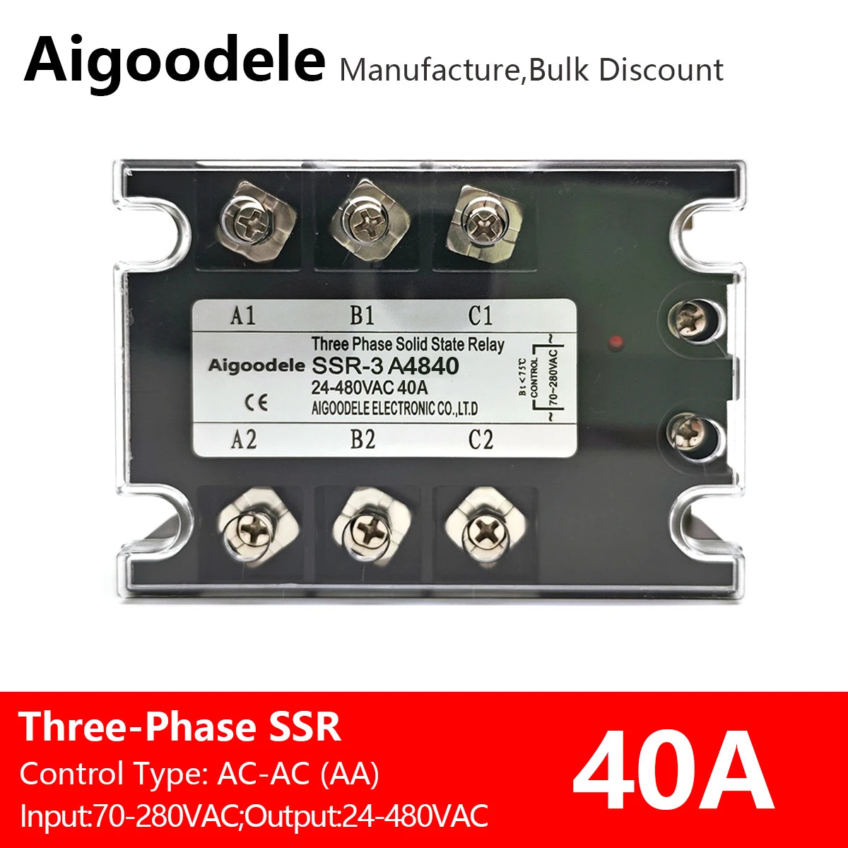 AC-AC SSR 40A 3-Phase Solid State Relay, Input AC 70-280V, Output AC 24-480V