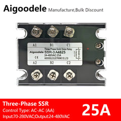 AC-AC SSR 25A 3-Phase Solid State Relay, Input AC 70-280V, Output AC 24-480V