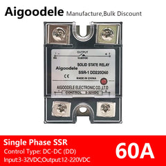 DC-DC SSR 60A 1-Phase Solid State Relay, Input DC 3-32V, Output DC 12-220V