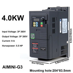 4kW VFD Variable Frequency Drive 9A 5.5HP, Input 380V 3-phase, Output 380V 3-phase