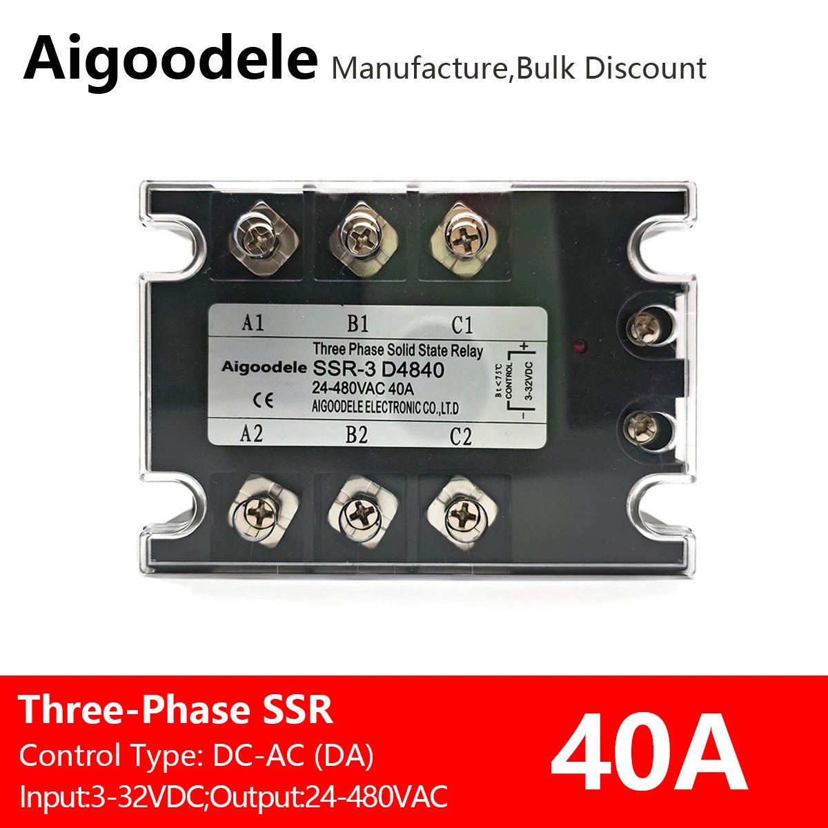 DC-AC SSR 40A 3-Phase Solid State Relay, Input DC 3-32V, Output AC 24-480V