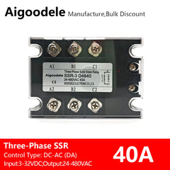 DC-AC SSR 40A 3-Phase Solid State Relay, Input DC 3-32V, Output AC 24-480V