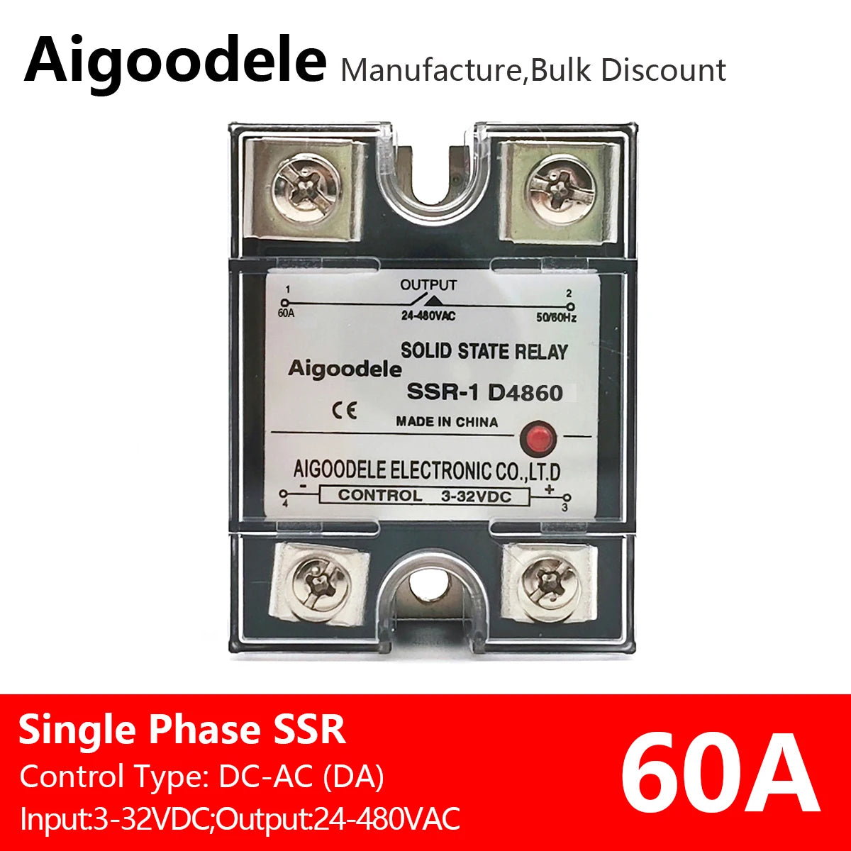 DC-AC SSR 60A 1-Phase Solid State Relay, Input DC 3-32V, Output AC 24-480V
