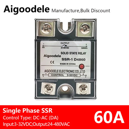 DC-AC SSR 60A 1-Phase Solid State Relay, Input DC 3-32V, Output AC 24-480V
