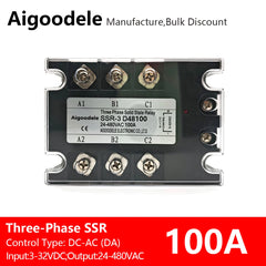 DC-AC SSR 100A 3-Phase Solid State Relay, Input DC 3-32V, Output AC 24-480V