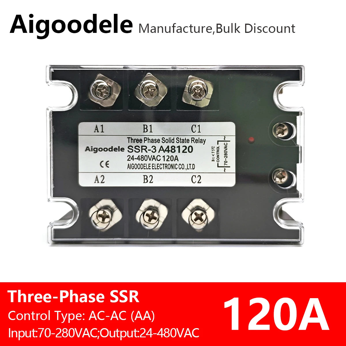 AC-AC SSR 120A 3-Phase Solid State Relay, Input AC 70-280V, Output AC 24-480V