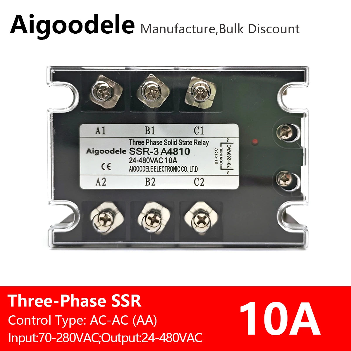 AC-AC SSR 10A 3-Phase Solid State Relay, Input AC 70-280V, Output AC 24-480V