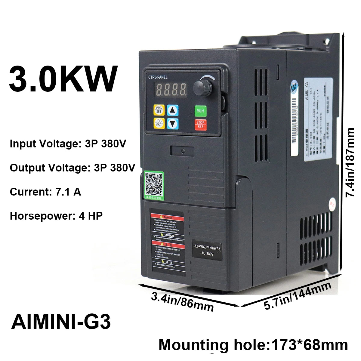 3kW VFD Variable Frequency Drive 7.1A 4HP, Input 380V 3-phase, Output 380V 3-phase