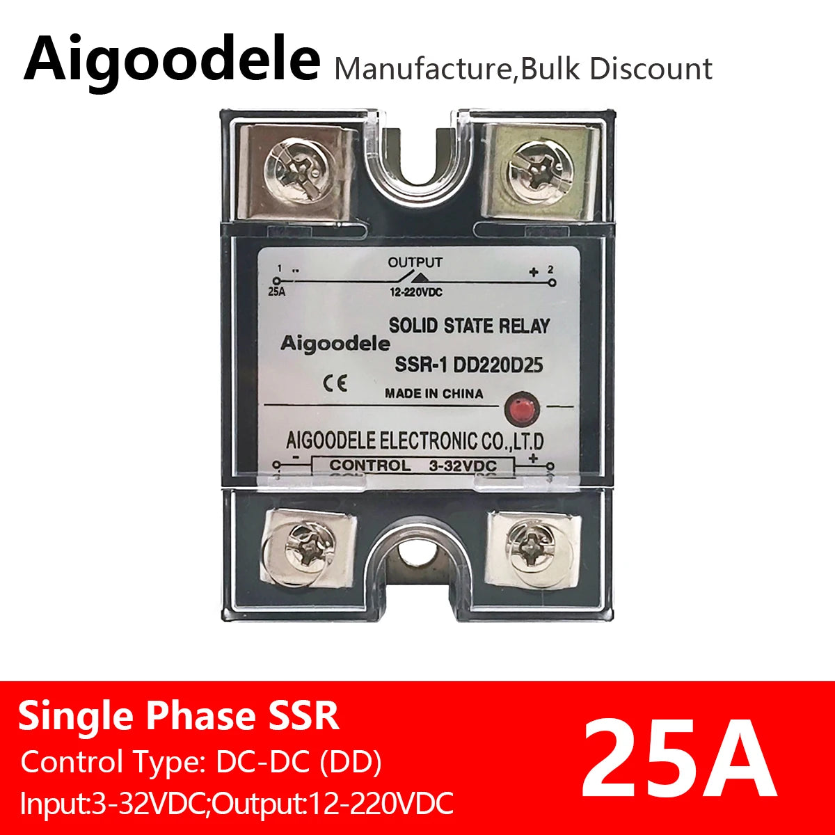 DC-DC SSR 25A 1-Phase Solid State Relay, Input DC 3-32V, Output DC 12-220V