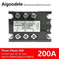 AC-AC SSR 200A 3-Phase Solid State Relay, Input AC 70-280V, Output AC 24-480V