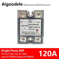 AC-AC SSR 120A 1-Phase Solid State Relay, Input AC 70-280V, Output AC 24-480V