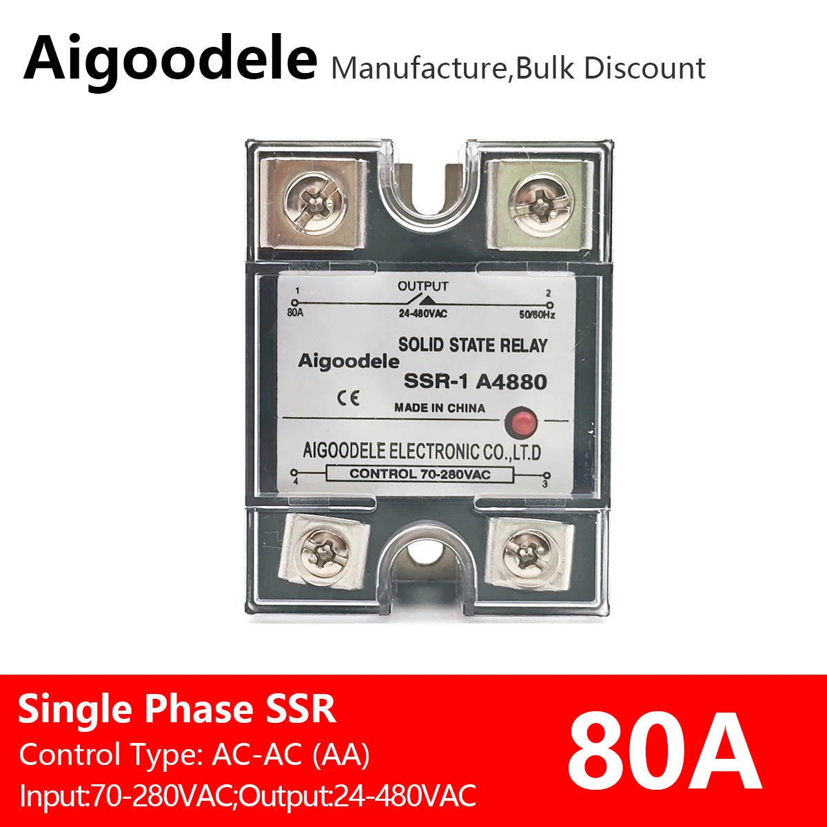 AC-AC SSR 80A 1-Phase Solid State Relay, Input AC 70-280V, Output AC 24-480V