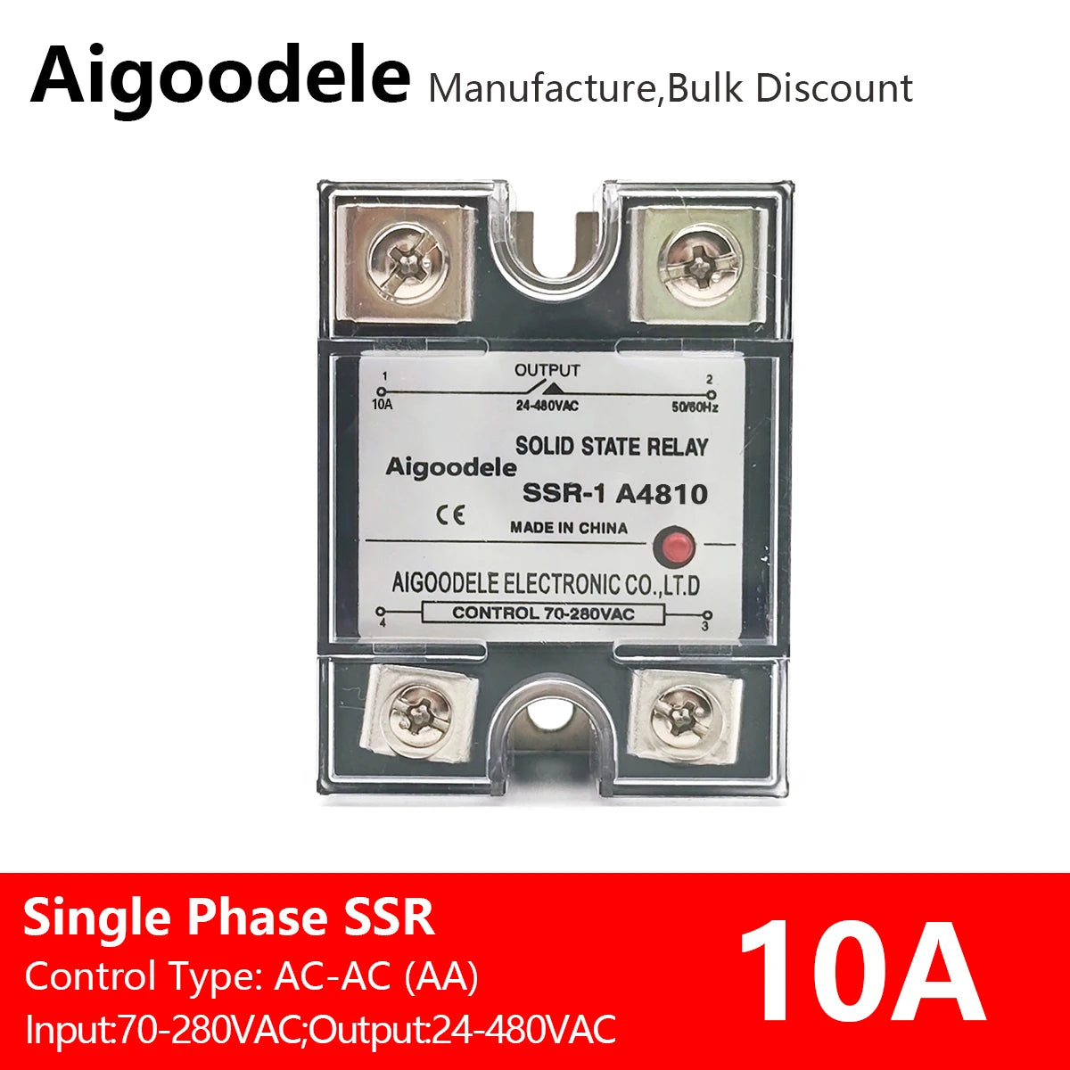 AC-AC SSR 10A 1-Phase Solid State Relay, Input AC 70-280V, Output AC 24-480V