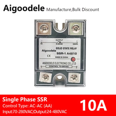 AC-AC SSR 10A 1-Phase Solid State Relay, Input AC 70-280V, Output AC 24-480V