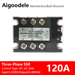 DC-AC SSR 120A 3-Phase Solid State Relay, Input DC 3-32V, Output AC 24-480V