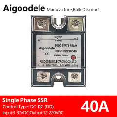 DC-DC SSR 40A 1-Phase Solid State Relay, Input DC 3-32V, Output DC 12-220V