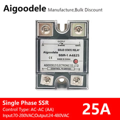 AC-AC SSR 25A 1-Phase Solid State Relay, Input AC 70-280V, Output AC 24-480V