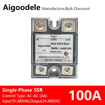 AC-AC SSR 100A 1-Phase Solid State Relay, Input AC 70-280V, Output AC 24-480V