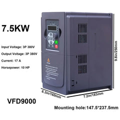 7.5kW Variable Frequency Drive VFD 10HP 17A, Input 3-phase 380V, Output 3-phase 380V