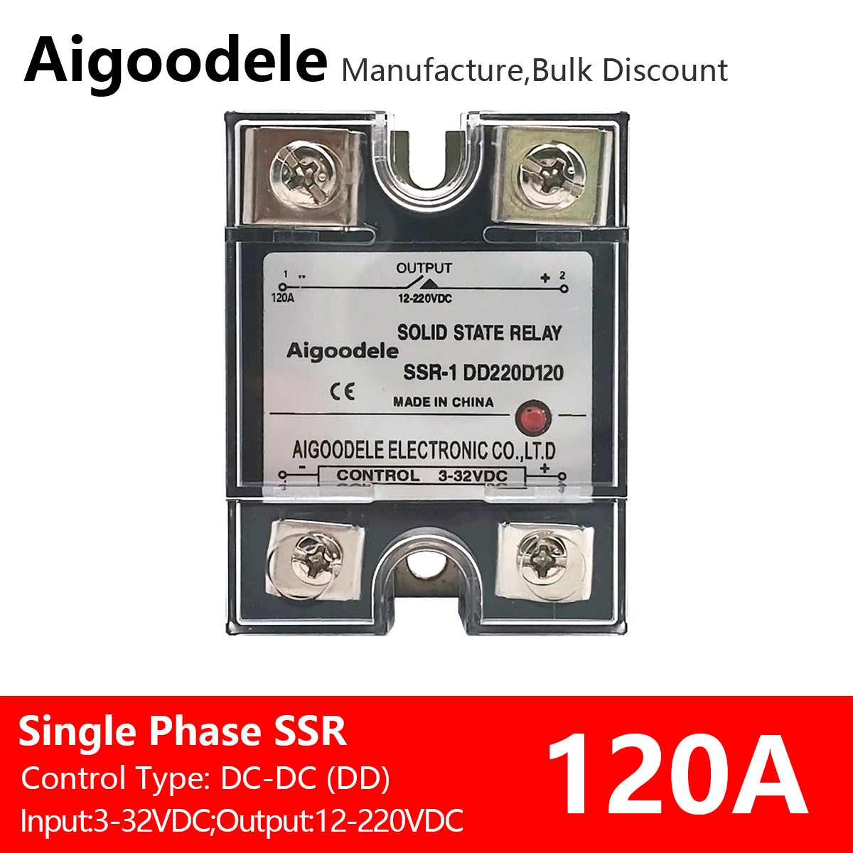 DC-DC SSR 120A 1-Phase Solid State Relay, Input DC 3-32V, Output DC 12-220V