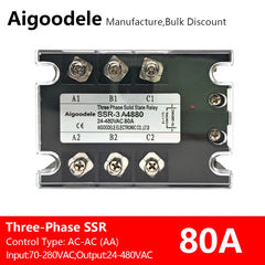 AC-AC SSR 80A 3-Phase Solid State Relay, Input AC 70-280V, Output AC 24-480V