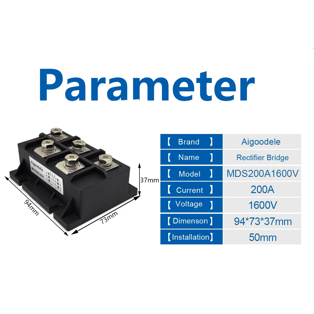 200A Bridge Rectifier Module Three-Phase 1600V Diode Durable Metal Case