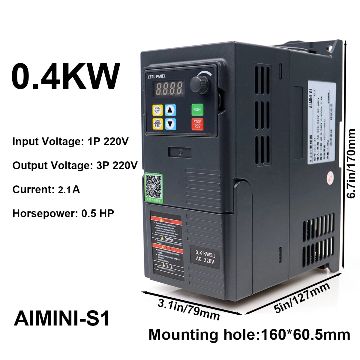 0.4kW VFD Inverter Speed Controller 2.1A 0.5HP, Input 220V 1-phase, Output 220V 3-phase