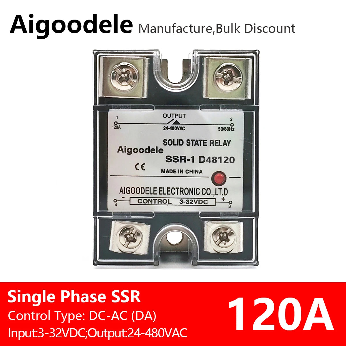 DC-AC SSR 120A 1-Phase Solid State Relay, Input DC 3-32V, Output AC 24-480V