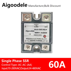 AC-AC SSR 60A 1-Phase Solid State Relay, Input AC 70-280V, Output AC 24-480V