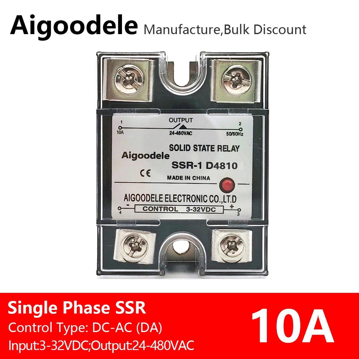 DC-AC SSR 10A 1-Phase Solid State Relay, Input DC 3-32V, Output AC 24-480V