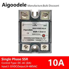 DC-AC SSR 10A 1-Phase Solid State Relay, Input DC 3-32V, Output AC 24-480V