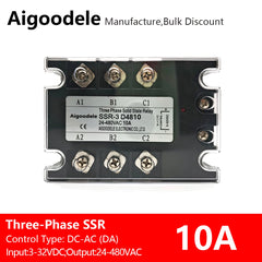 DC-AC SSR 10A 3-Phase Solid State Relay, Input DC 3-32V, Output AC 24-480V