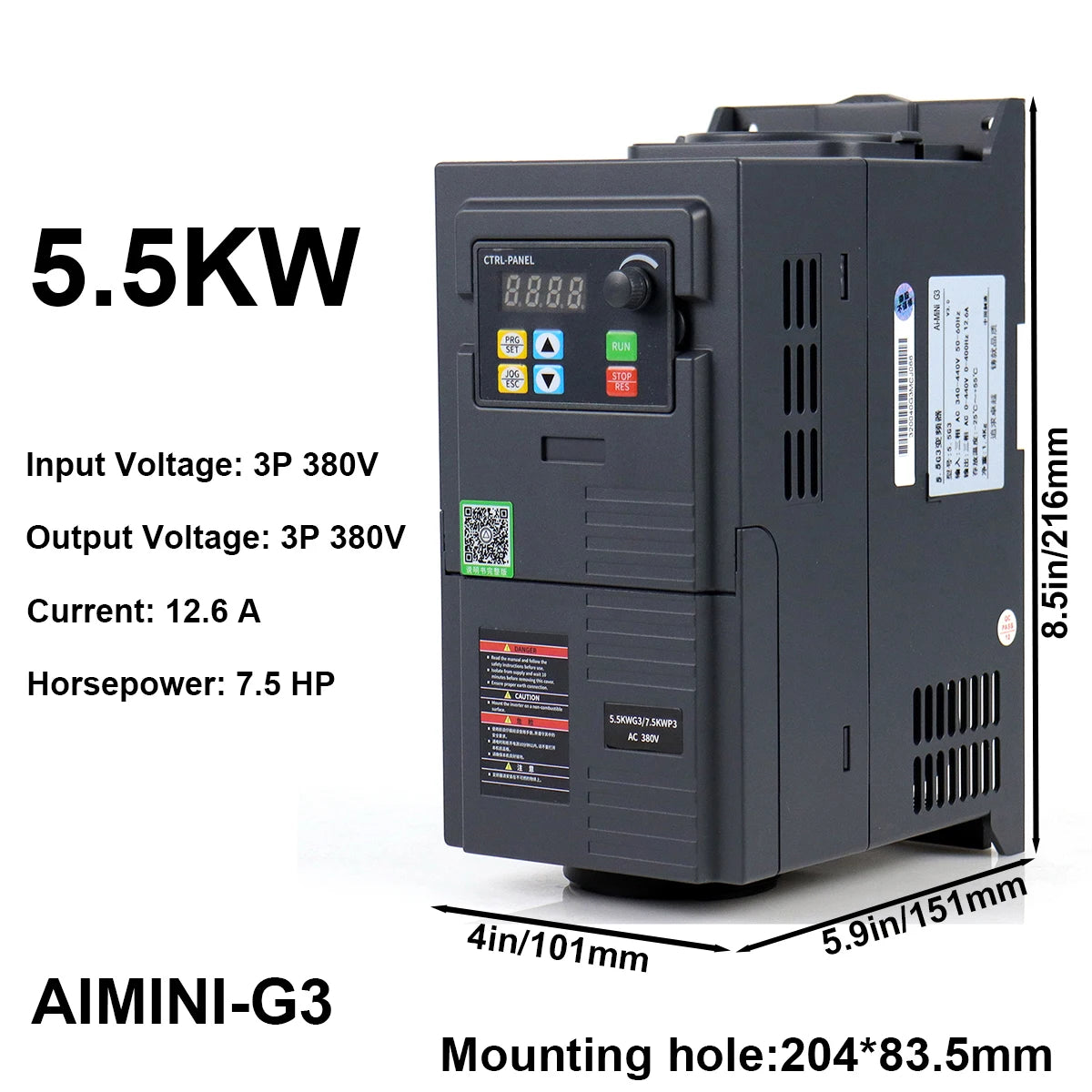 5.5kW VFD Variable Frequency Drive 12.6A 7.5HP, Input 380V 3-phase, Output 380V 3-phase