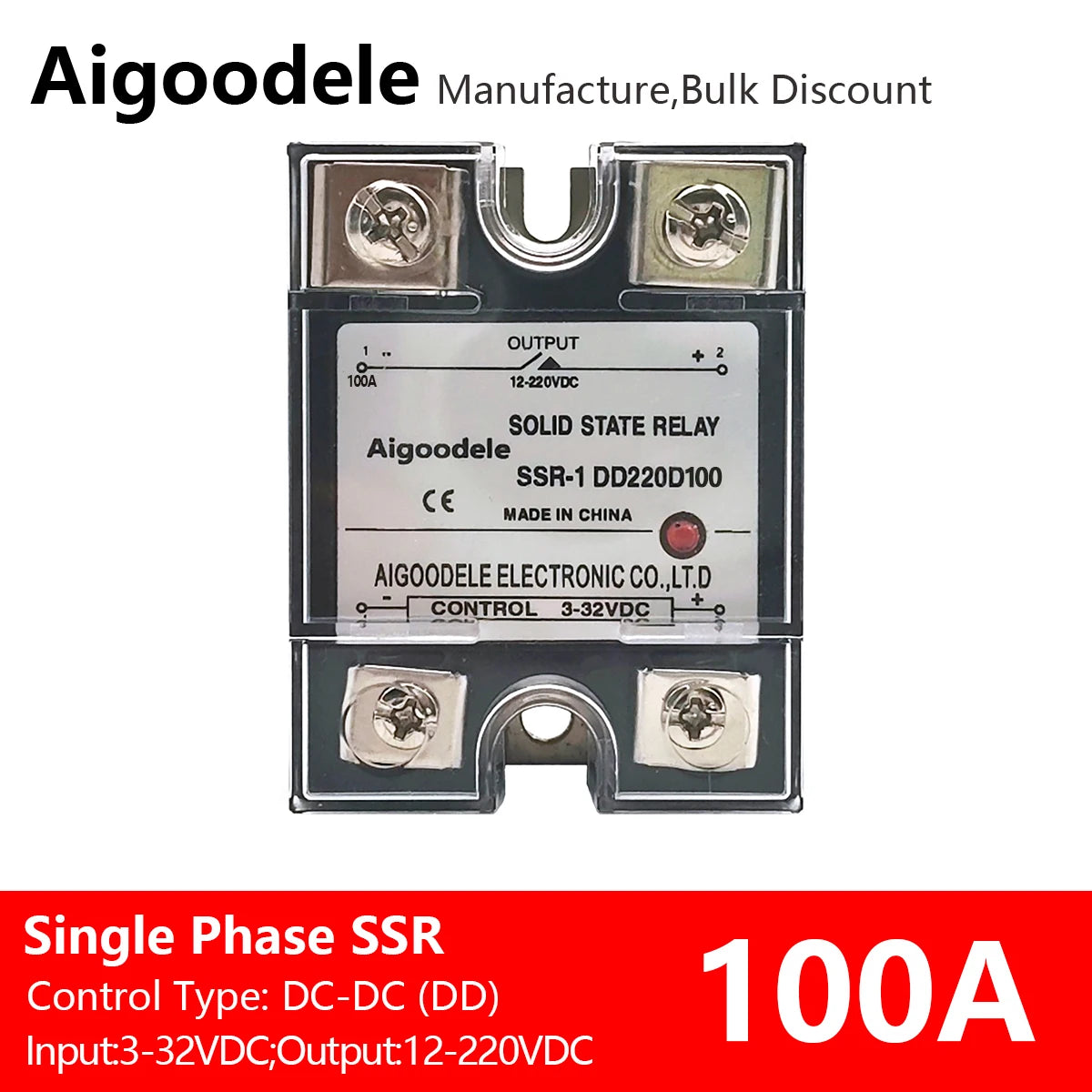 DC-DC SSR 100A 1-Phase Solid State Relay, Input DC 3-32V, Output DC 12-220V