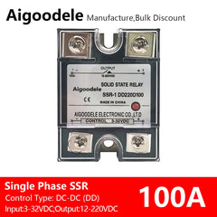 DC-DC SSR 100A 1-Phase Solid State Relay, Input DC 3-32V, Output DC 12-220V