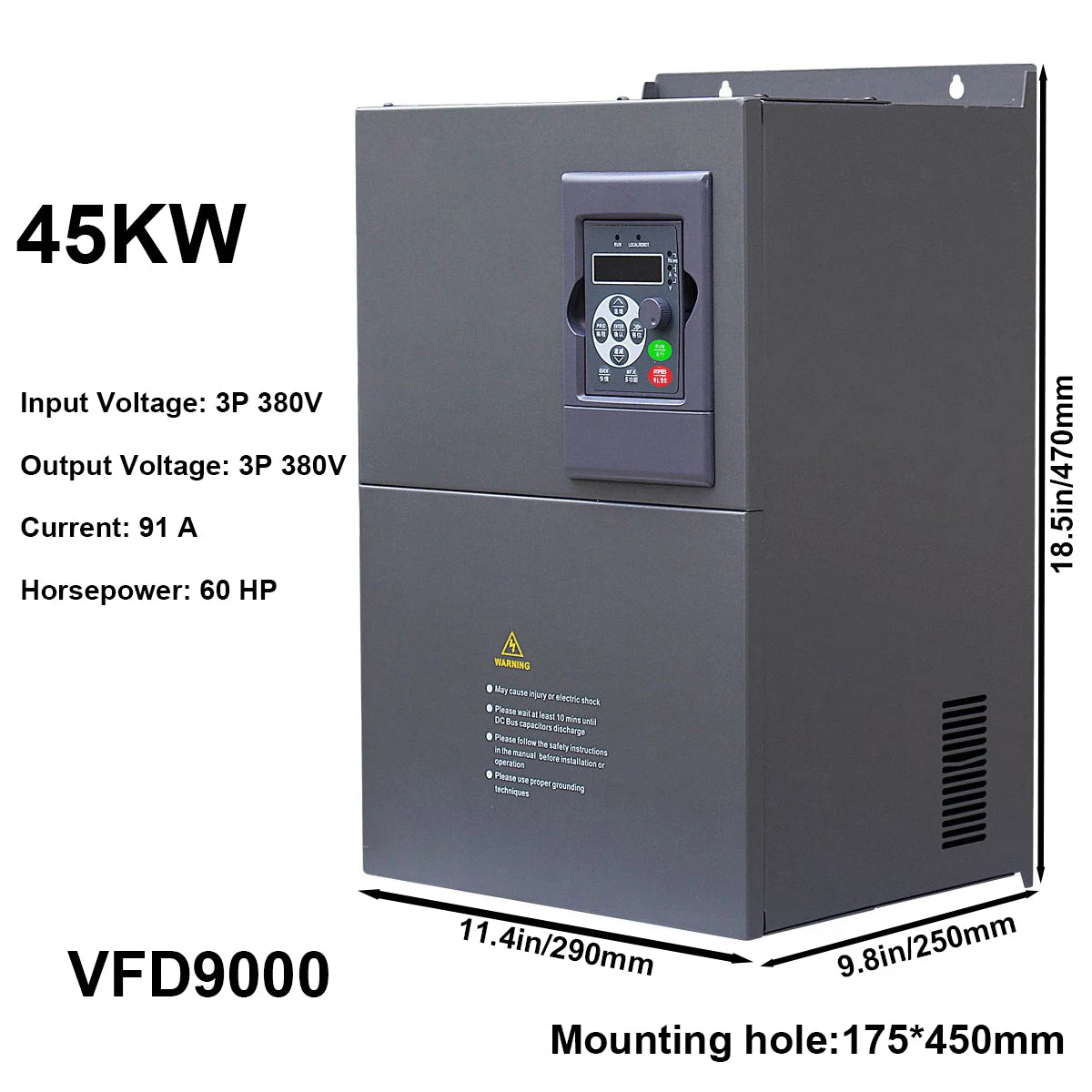 45kW Variable Frequency Drive VFD 60HP 91A, Input 3-phase 380V, Output 3-phase 380V