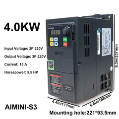 4kW VFD Variable Frequency Drive 15A 5.5HP, Input 220V 3-phase, Output 220V 3-phase